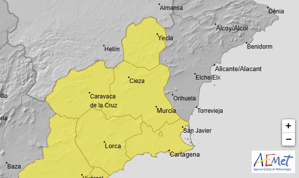 Avisos para este jueves en la Región (foto: Aemet)