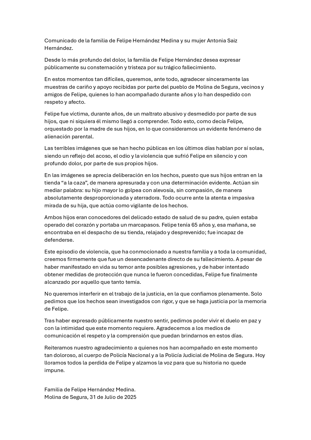 Comunicado de la familia de Felipe Hernández, comerciante fallecido en Molina de Segura (foto: La 7)