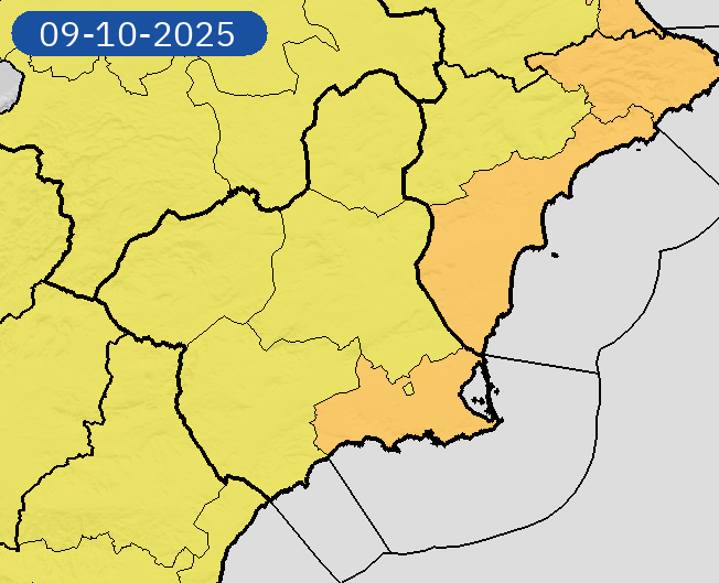 Avisos previstos de la Aemet para este jueves 9 de octubre de 2025 (foto: Aemet)