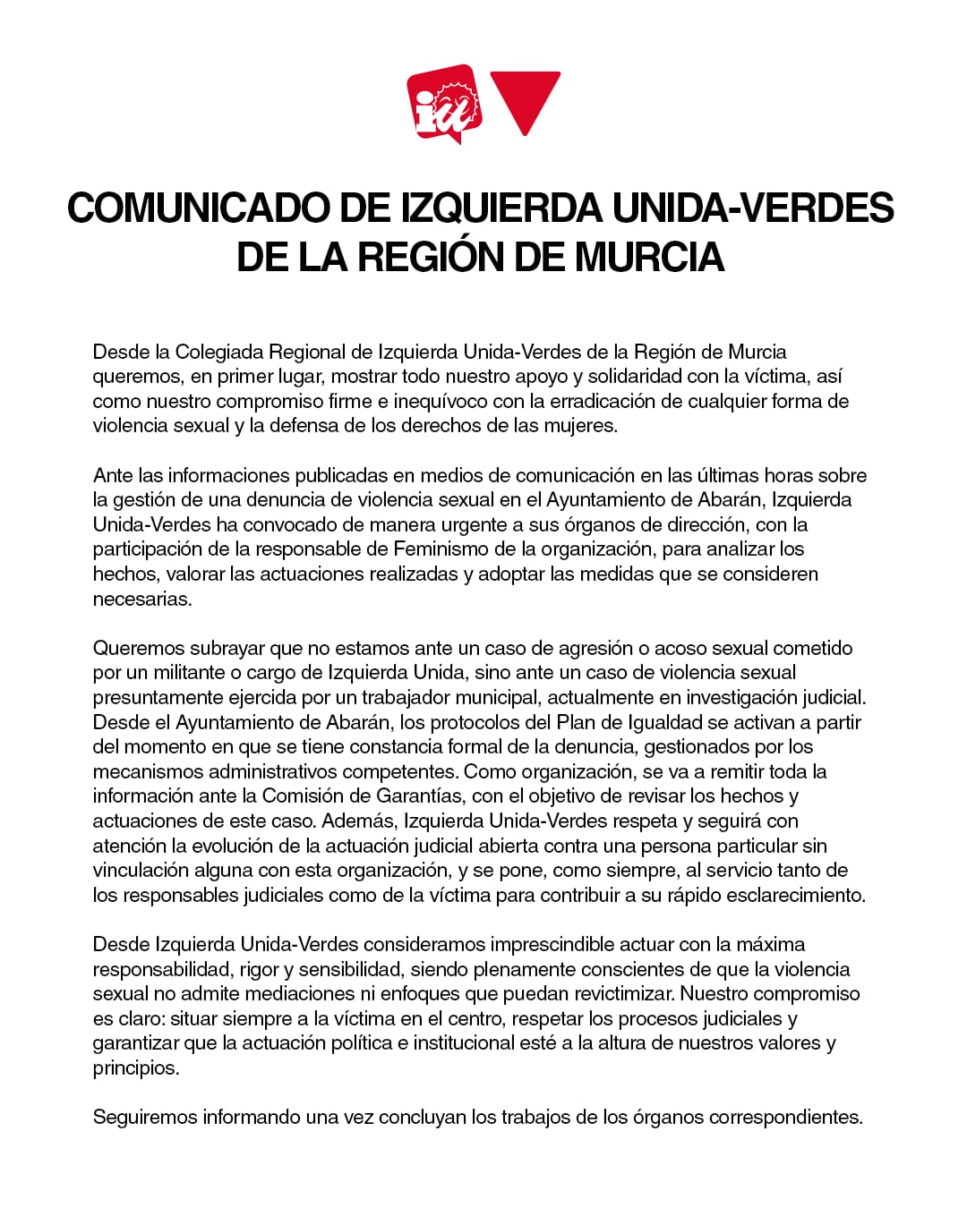 Comunicado de IU-Verdes de la