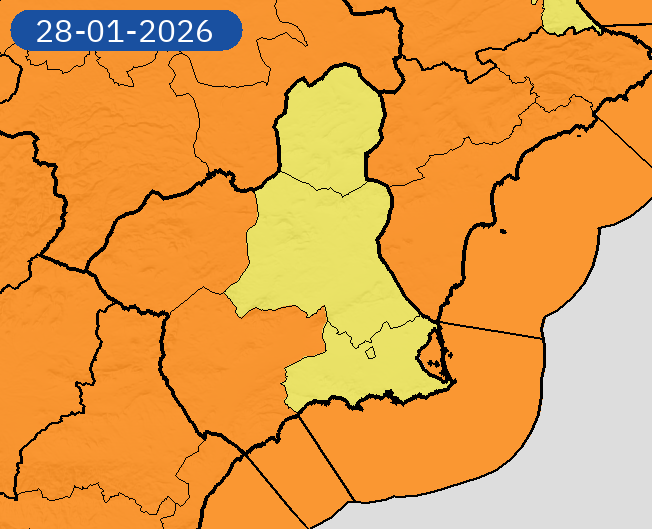 Avisos para el miércoles 28 de enero de 2026 en la Región (foto: AEMET)