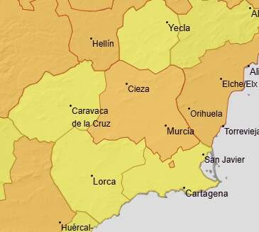 Avisos por calor en la Región de Murcia para este jueves 9 de julio de 2026 (foto: Aemet)
